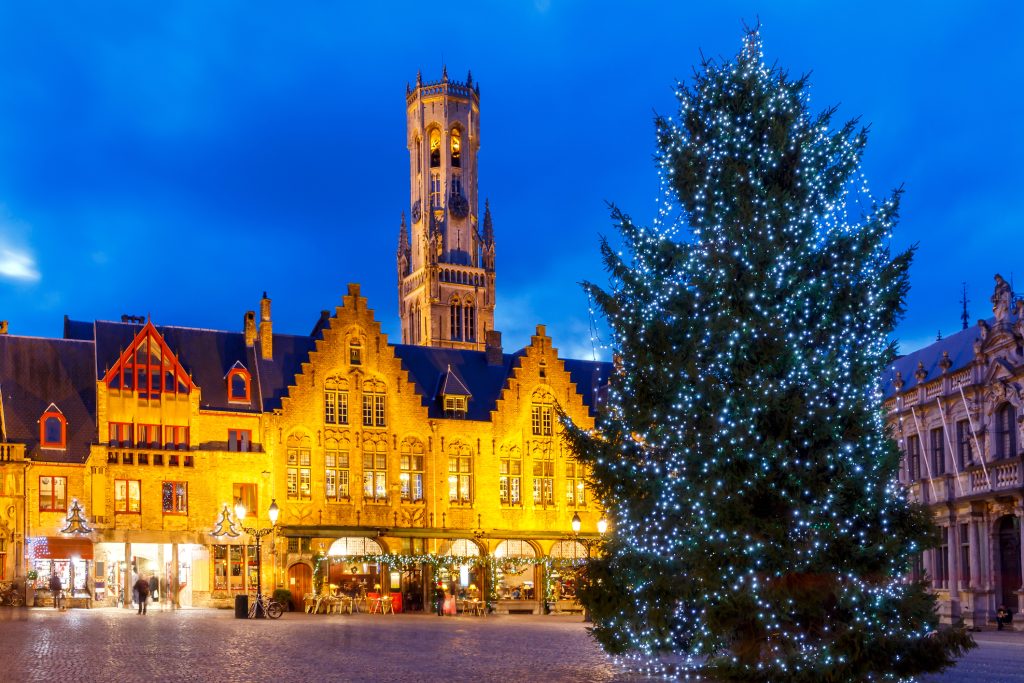 Bruges. Burg Square with the Christmas tree at Christmas