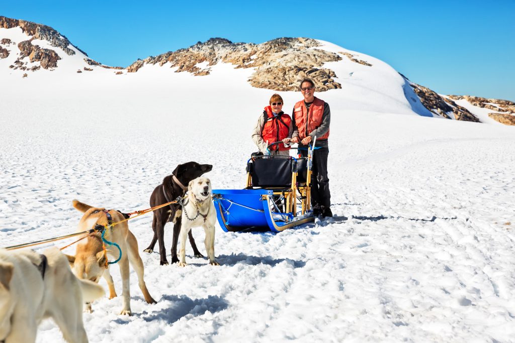 Tourists stand behind a dog sled team in Skagway, Alaska - Accent on Travel